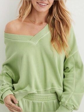 Aerie Double V-Neck Cropped House Party Oversized Sweatshirt Teal Green XS
